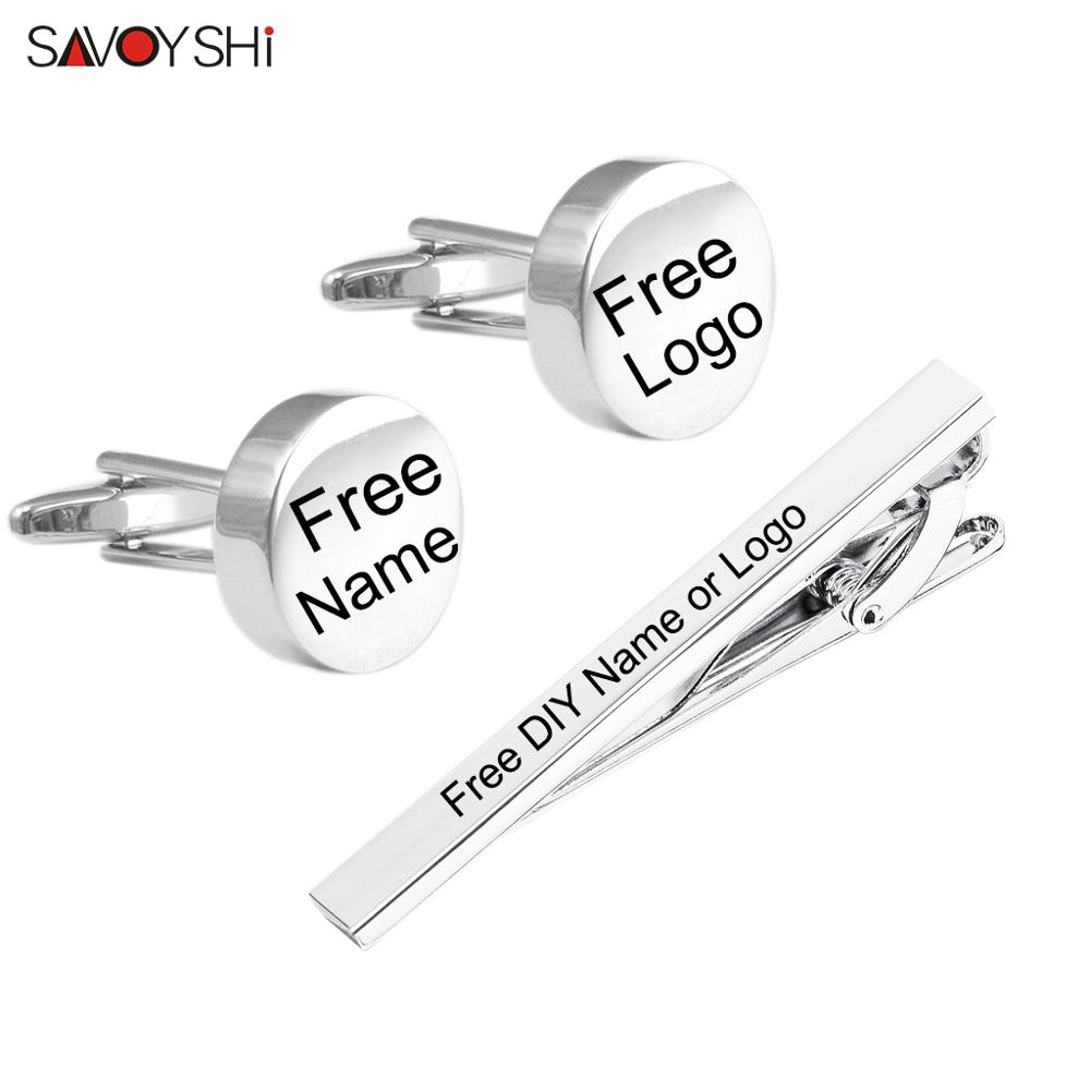 Tie Bar Set Gift - SAVOYSHI แกะสลักฟรีชื่อ Cufflinks Tie คลิปชุดสําหรับบุรุษของขวัญพิเศษคุณภาพสูงเงินสี Cuff