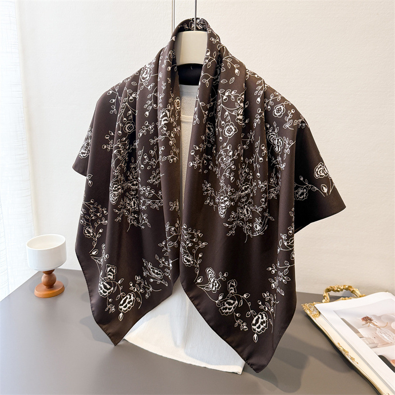Ascot Neck Scarf - ผ้าพันคอสี่เหลี่ยมหรูหราสไตล์วินเทจ ขนาด 90x90 ซม. สำหรับผู้หญิง ผ้าพันคอเนื้อนุ่มพิมพ์ลายดอกไม้