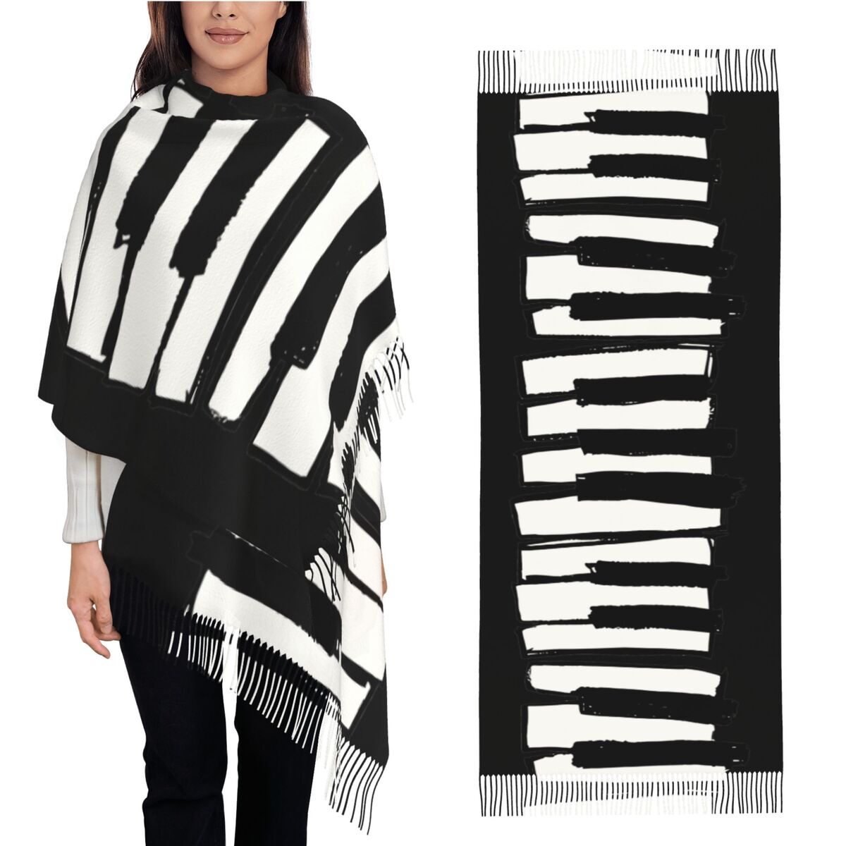 Pashmina Wrap Large - ผ้าพันคอรูปทรงคีย์เปียโนแบบมินิมอลสำหรับผู้หญิง ผ้าพันคอพาชมินาสำหรับฤดูหนาว ผ้าคลุมไหล่ลายดนตรีขนาดใหญ่สำหรับสุภาพสตรี