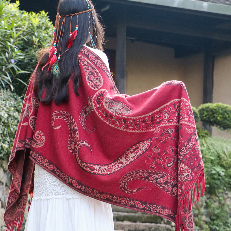 Pashmina Wrap Large - ผ้าพันคอแคชเมียร์ลายโบฮีเมียนแบบใหม่สำหรับผู้หญิง ผ้าคลุมไหล่แบบสองด้าน ผ้าพันคอขนาดใหญ่สไตล์ชาติพันธุ์สำหรับสุภาพสตรี พร้อมชายครุย เหมาะสำหรับการเดินทาง