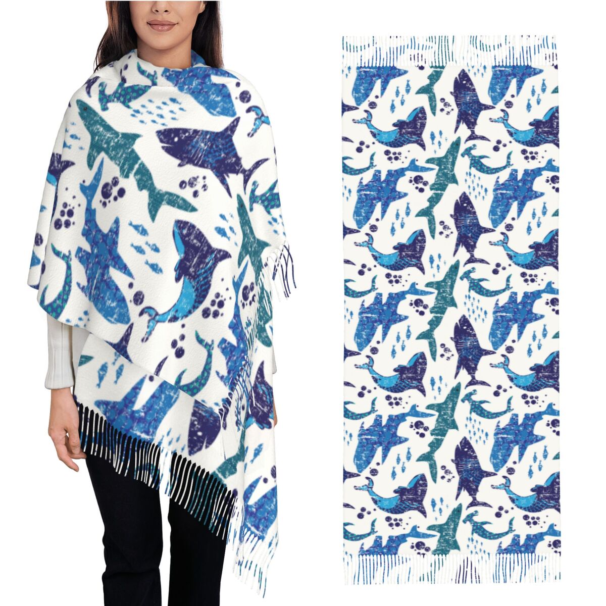 Pashmina Wrap Large - ผ้าพันคอฉลามโลกใต้ทะเล มหาสมุทร ชีวิตใต้ทะเล ผ้าพันคอฤดูหนาว ผ้าพันคอพัชมีนา ผ้าคลุมไหล่