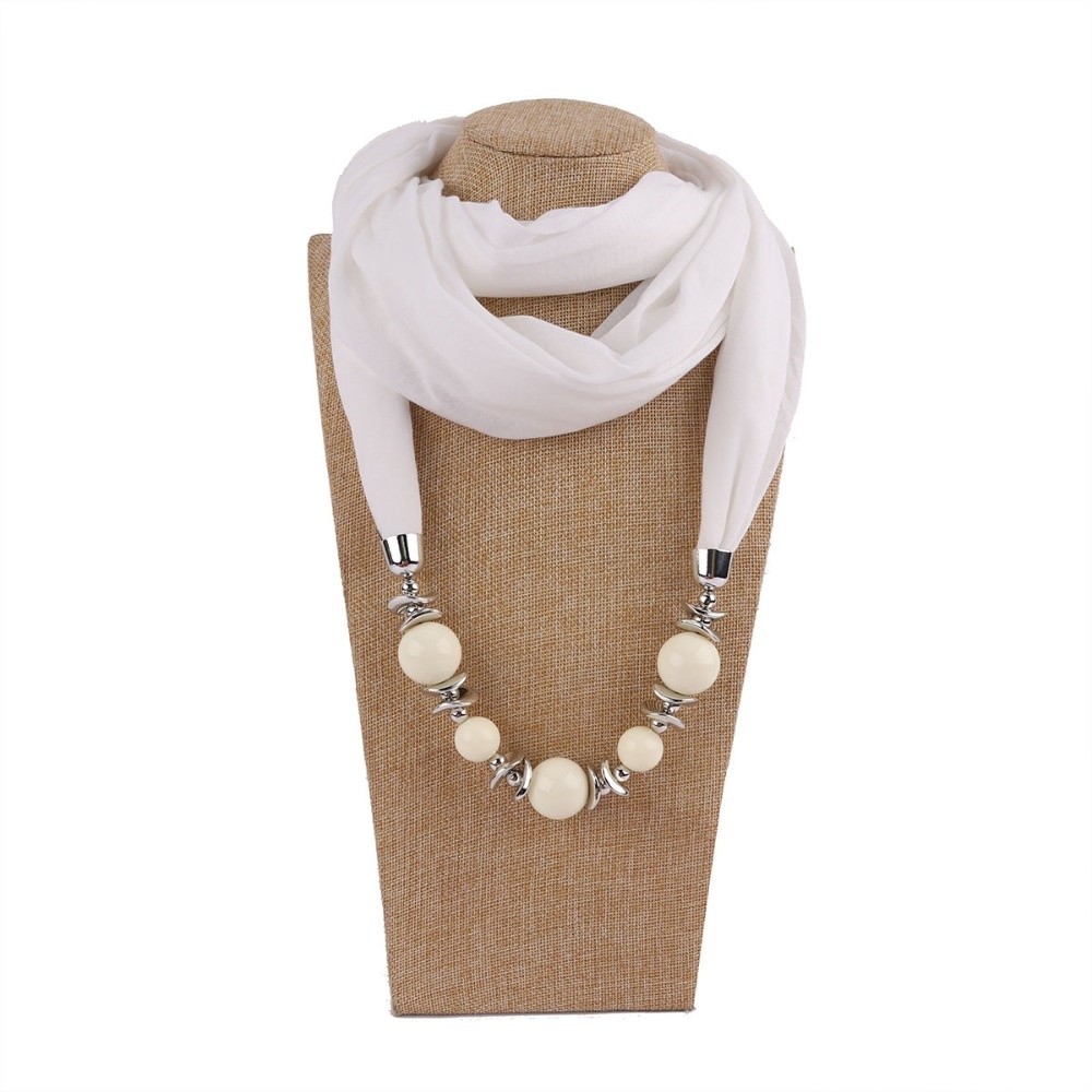 Infinity Scarf Knit - ผ้าพันคอชีฟองแบบใหม่พร้อมสร้อยคอประดับลูกปัด สไตล์ชาติพันธุ์ ผ้าพันคออินฟินิตี้ สีพื้น สไตล์วินเทจ พร้อมจี้ตกแต่ง