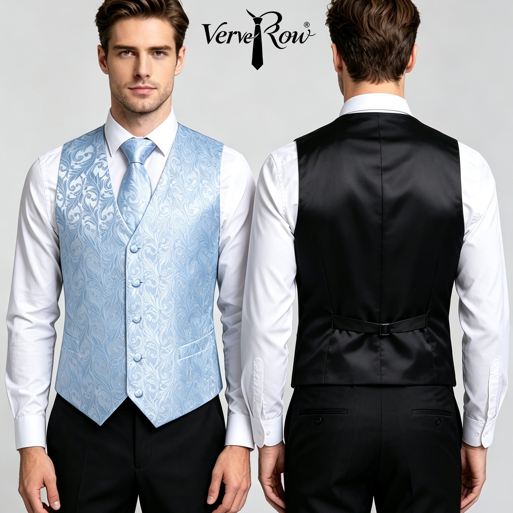Pocket Square Set - ชุดเซ็ต 3 ชิ้น เสื้อกั๊กแจ็คการ์ดสีฟ้าอ่อน พร้อมเนคไทและผ้าเช็ดหน้า สำหรับผู้ชาย