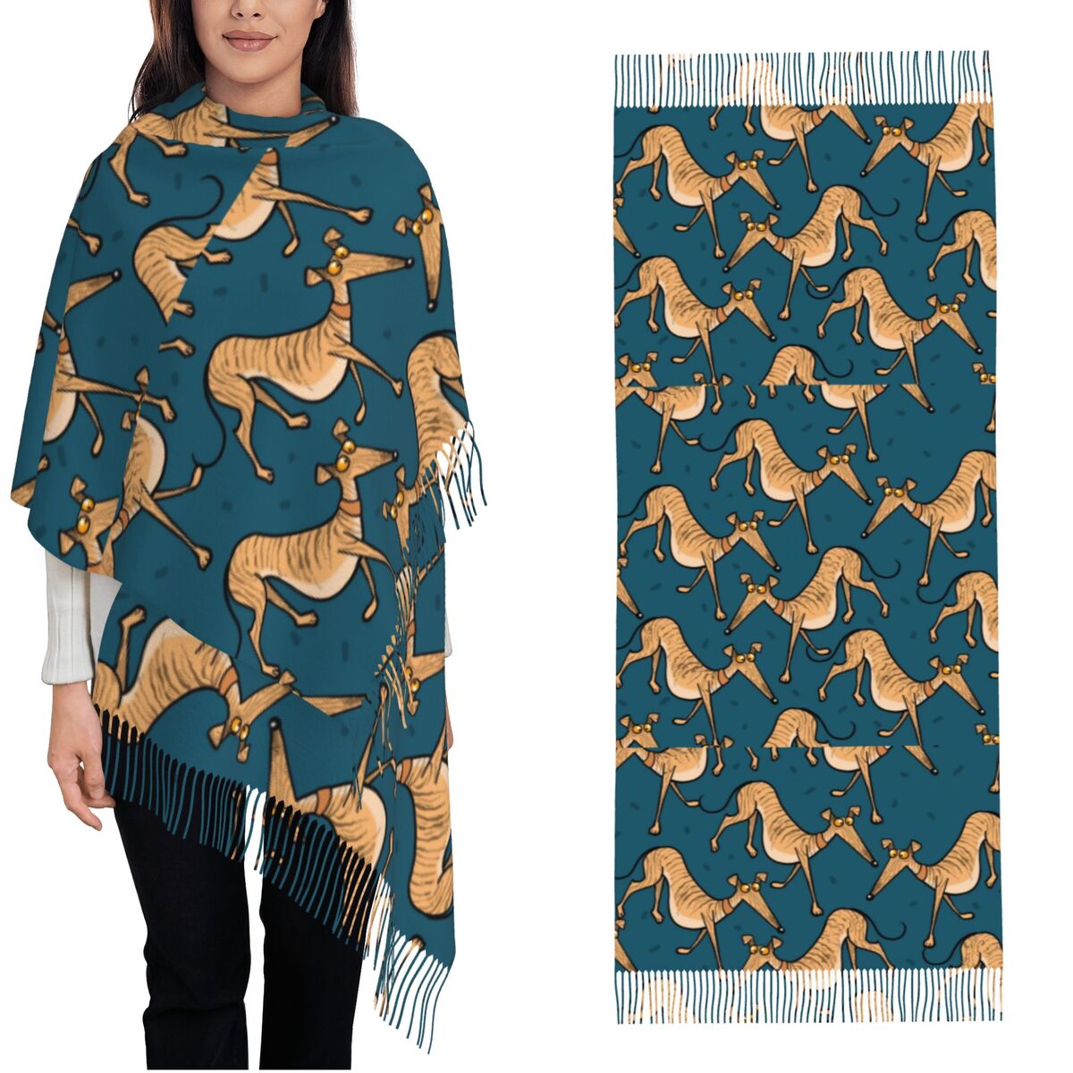Pashmina Wrap Large - ผ้าคลุมไหล่ลายสุนัขเกรย์ฮาวด์ วิปเพ็ต ลูร์เชอร์ สำหรับสุภาพสตรี ผ้าพันคอฤดูหนาวขนาดใหญ่ ผ้าพันคอสัตว์