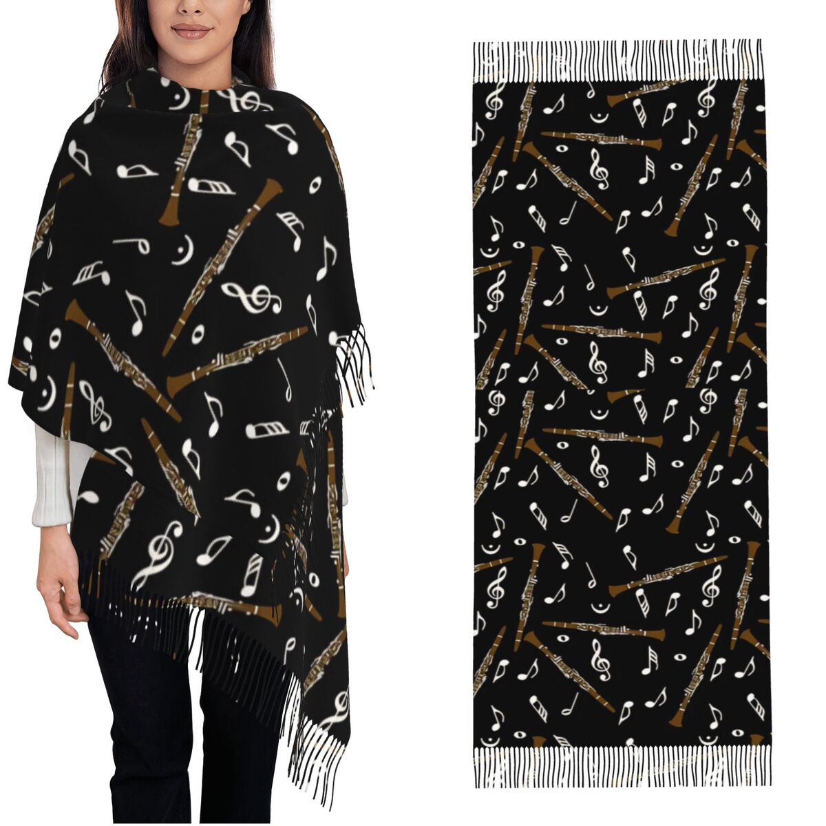 Pashmina Wrap Large - ผ้าพันคอผู้หญิงลายโน้ตดนตรีคลาริเน็ตพร้อมพู่ห้อย ผ้าคลุมไหล่ขนาดใหญ่สำหรับฤดูหนาวและฤดูใบไม้ร่วง ผ้าพันคอแบบพัชมีนาสำหรับสวมใส่ในชีวิตประจำวัน