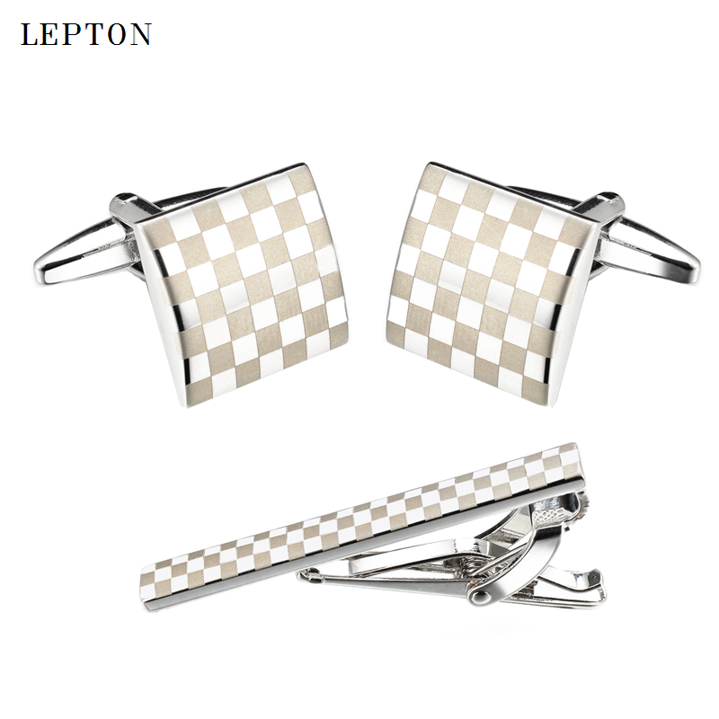 Tie Bar Set Gift - Lepton คลาสสิกสแควร์เลเซอร์ Mens Cufflinks Tie คลิปชุดง่ายเนคไทเนคไท