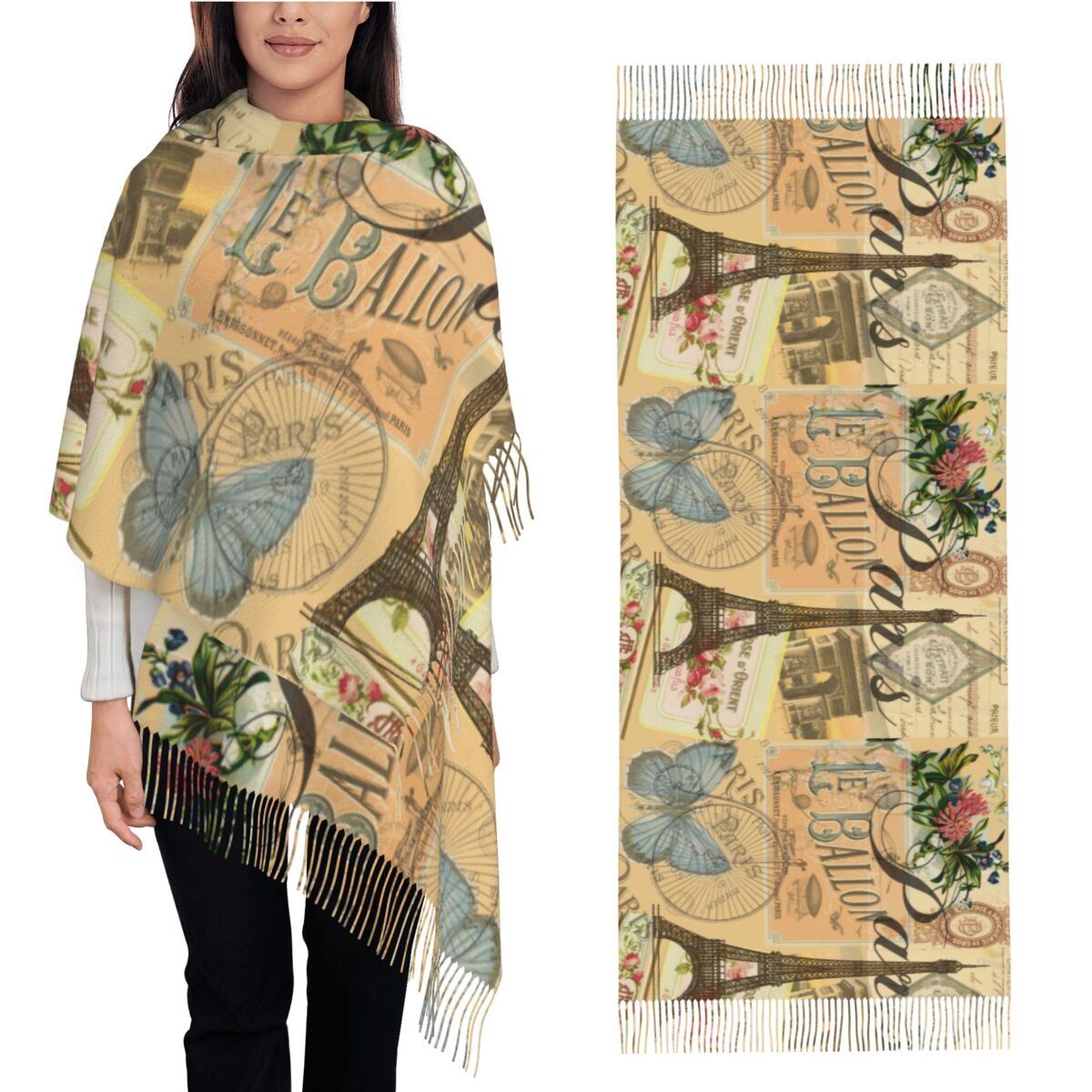 Pashmina Wrap Large - ผ้าคลุมไหล่ผู้หญิง ผ้าพันคอฤดูหนาว ผ้าพันคอยาวขนาดใหญ่ สไตล์วินเทจ ลายดอกไม้ฝรั่งเศส ปารีส