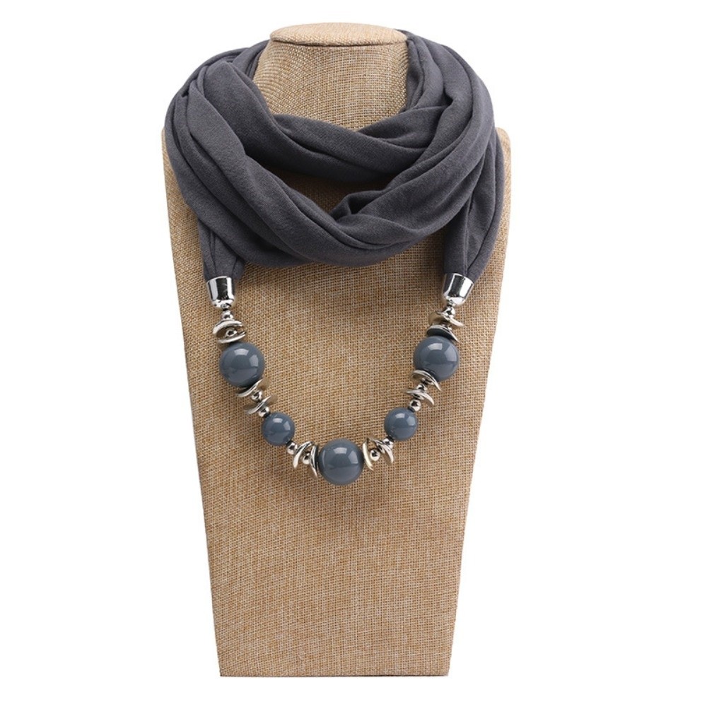Infinity Scarf Knit - ผ้าพันคอชีฟองแบบมีลูกปัด สไตล์ชาติพันธุ์ พร้อมจี้ห้อย ผ้าพันคอวินเทจ สีพื้น ผ้าพันคออินฟินิตี้
