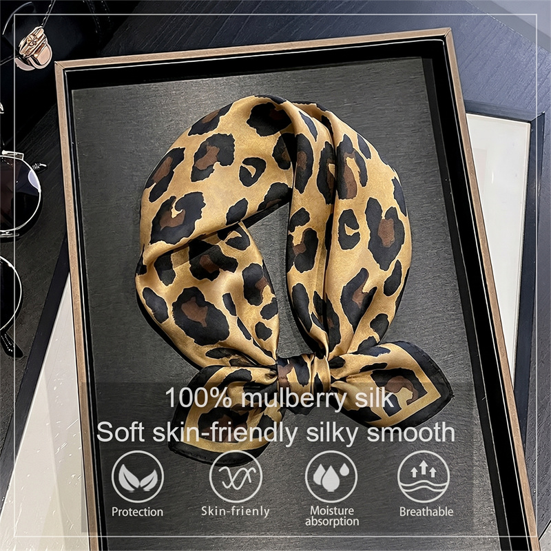 Scarf Silk Square - ผ้าพันคอไหมแท้ 100% ลายเสือดาว ผ้าพันคอแบบสี่เหลี่ยม ผ้าพันคอแฟชั่น ของตกแต่งกระเป๋า